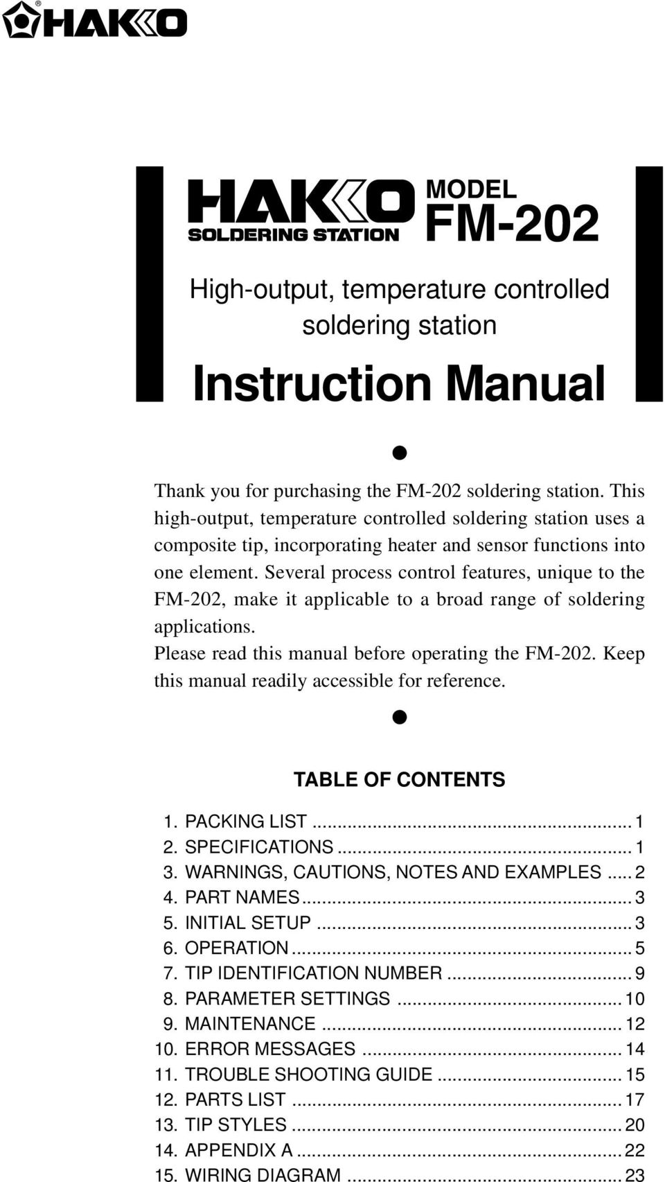 Several process control features, unique to the FM-202, make it applicable to a broad range of soldering applications. Please read this manual before operating the FM-202.