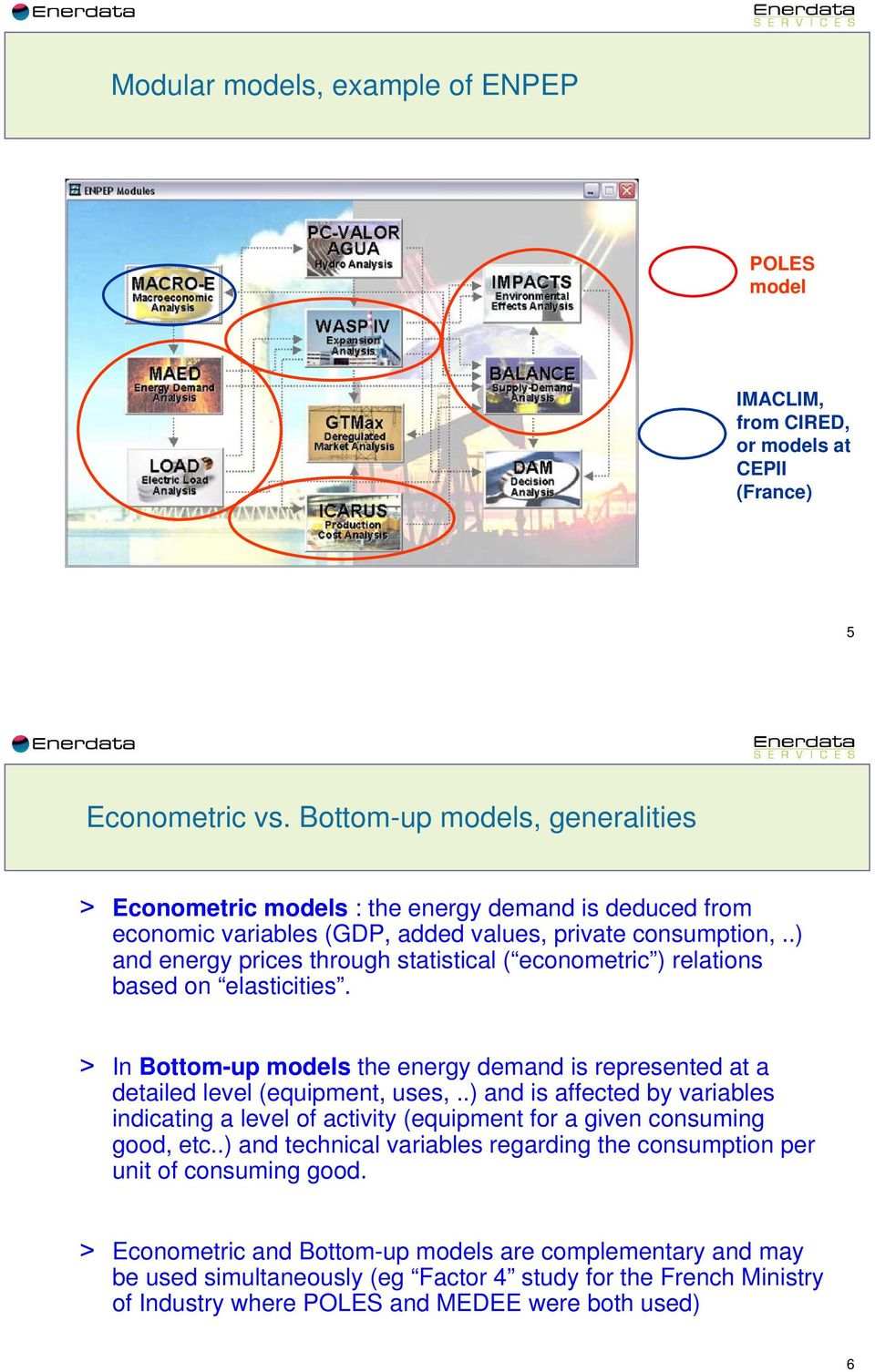 .) and energy prices through statistical ( econometric ) relations based on elasticities. > In Bottom-up models the energy demand is represented at a detailed level (equipment, uses,.