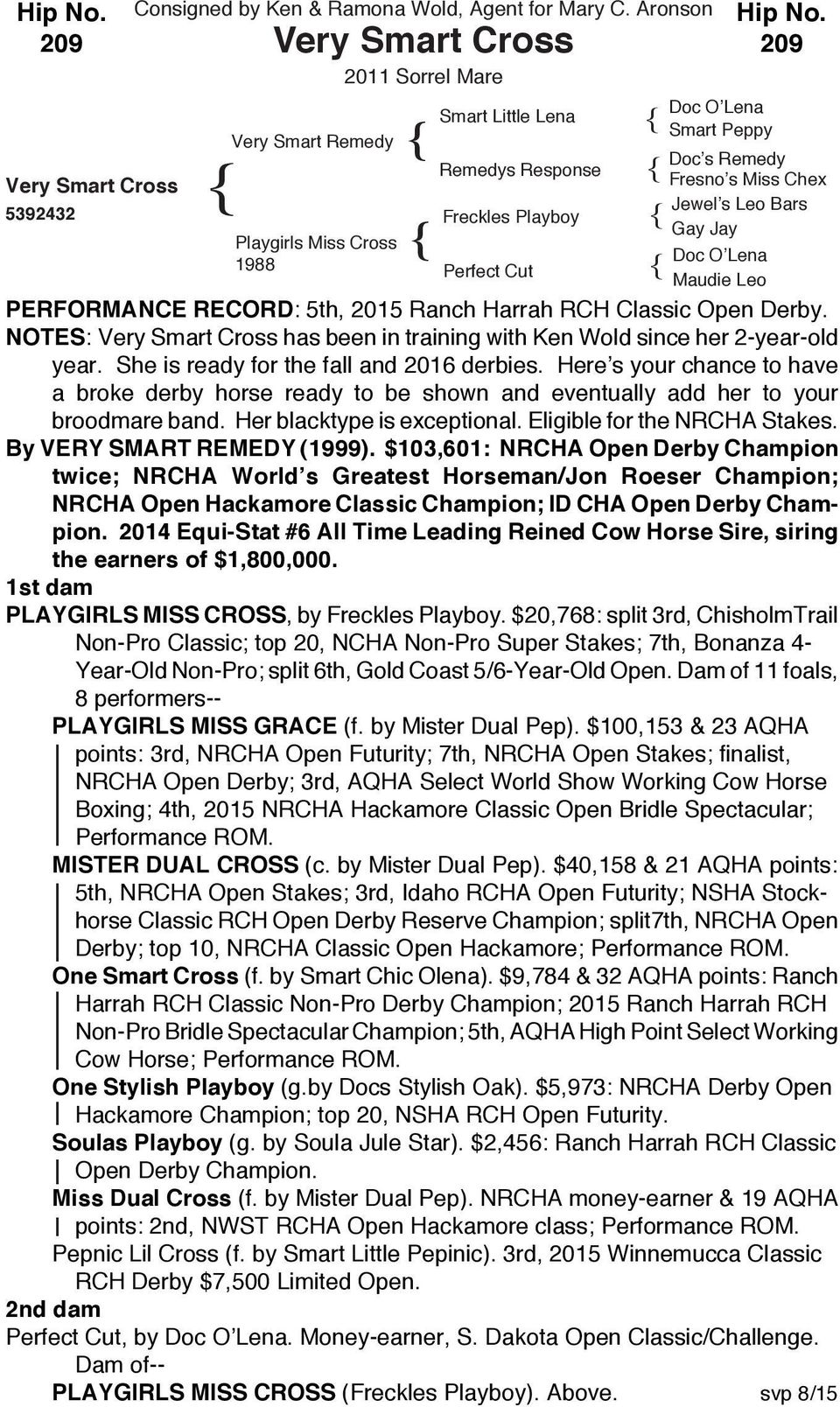 Bars Gay Jay Doc O Lena Maudie Leo PERFORMANCE RECORD: 5th, 2015 Ranch Harrah RCH Classic Open Derby. NOTES: Very Smart Cross has been in training with Ken Wold since her 2-year-old year.