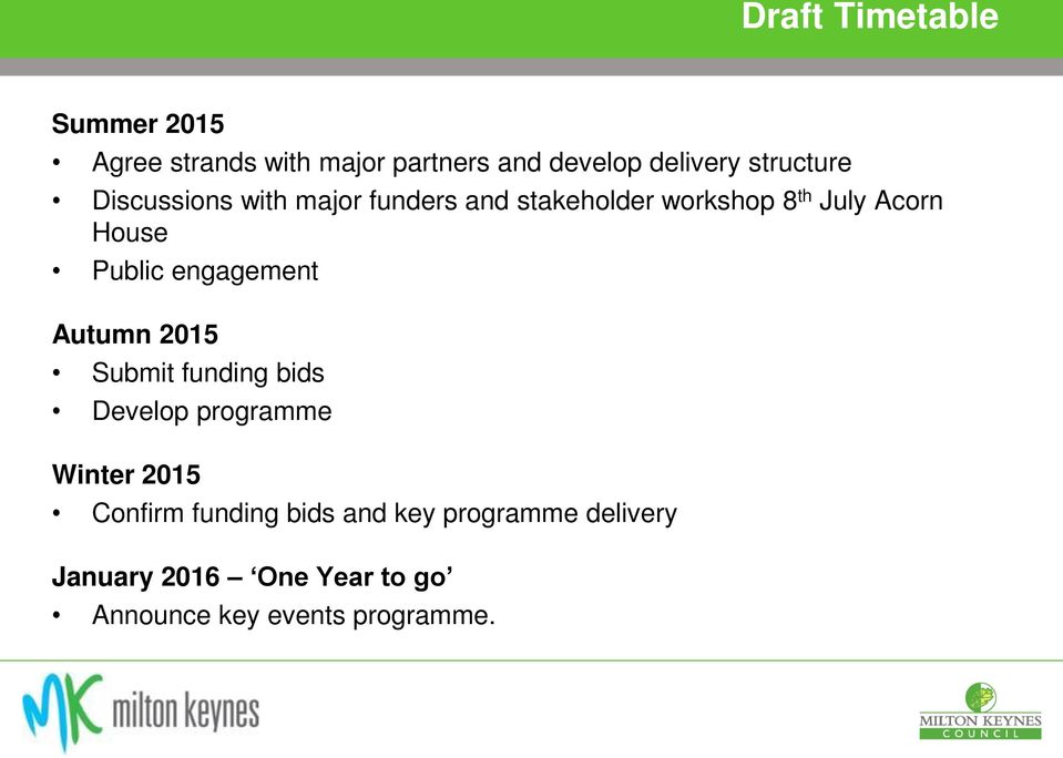 Public engagement Autumn 2015 Submit funding bids Develop programme Winter 2015 Confirm