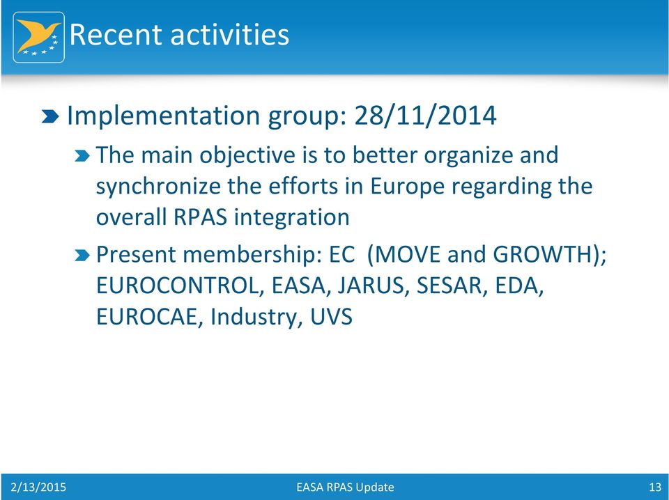 Europe regarding the overall RPAS integration Present membership: EC