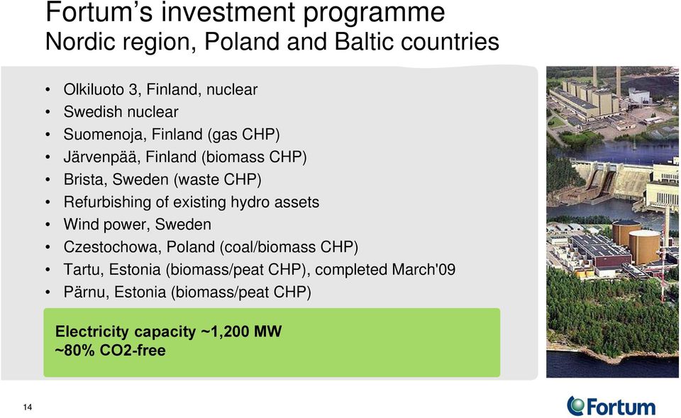 Refurbishing of existing hydro assets Wind power, Sweden Czestochowa, Poland (coal/biomass CHP) Tartu,