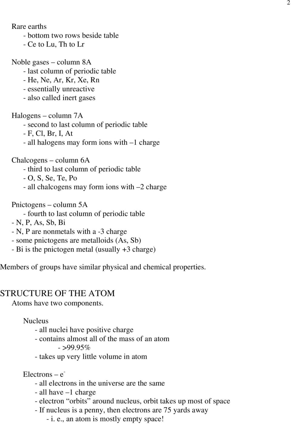 Te, Po - all chalcogens may form ions with 2 charge Pnictogens column 5A - fourth to last column of periodic table - N, P, As, Sb, Bi - N, P are nonmetals with a -3 charge - some pnictogens are