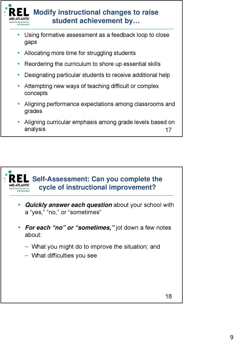expectations among classrooms and grades Aligning curricular emphasis among grade levels based on analysis 17 17 Self-Assessment: Can you complete the cycle of instructional improvement?