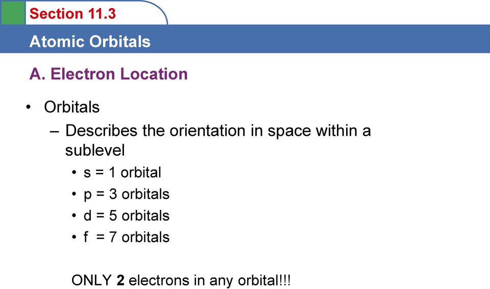 1 orbital p = 3 orbitals d = 5 orbitals f =