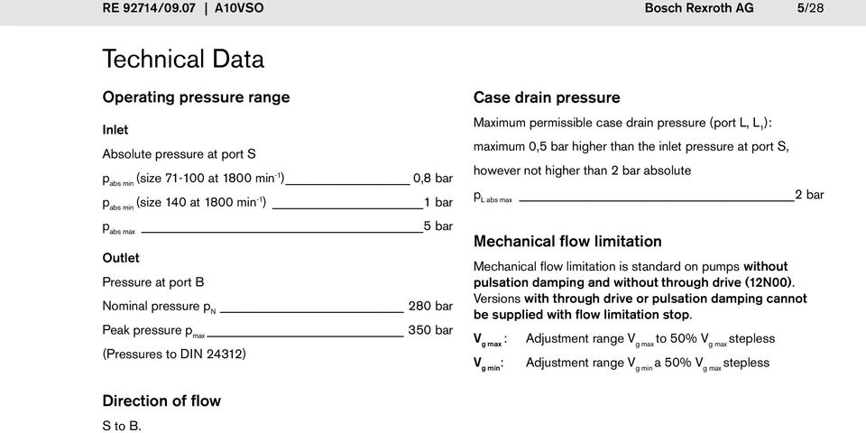 bar Outlet Pressure at port Nominal pressure p N 280 bar Peak pressure p max 350 bar (Pressures to DIN 24312) Case drain pressure Maximum permissible case drain pressure (port, 1 ): maximum 0,5 bar