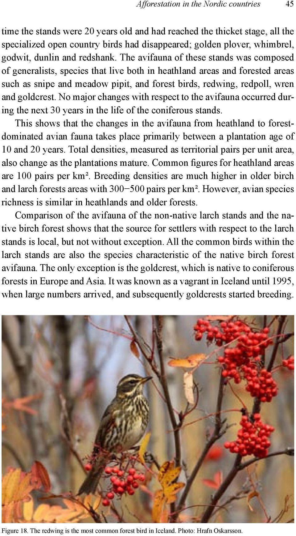 The avifauna of these stands was composed of generalists, species that live both in heathland areas and forested areas such as snipe and meadow pipit, and forest birds, redwing, redpoll, wren and
