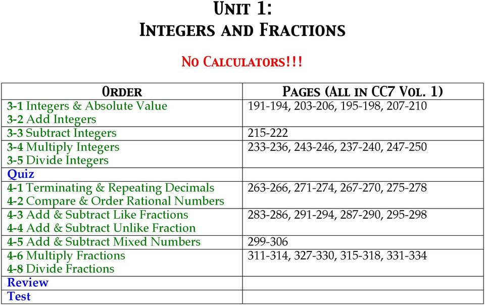 243-246, 237-240, 247-250 3-5 Divide Integers 4-1 Terminating & Repeating Decimals 263-266, 271-274, 267-270, 275-278 4-2 Compare & Order Rational