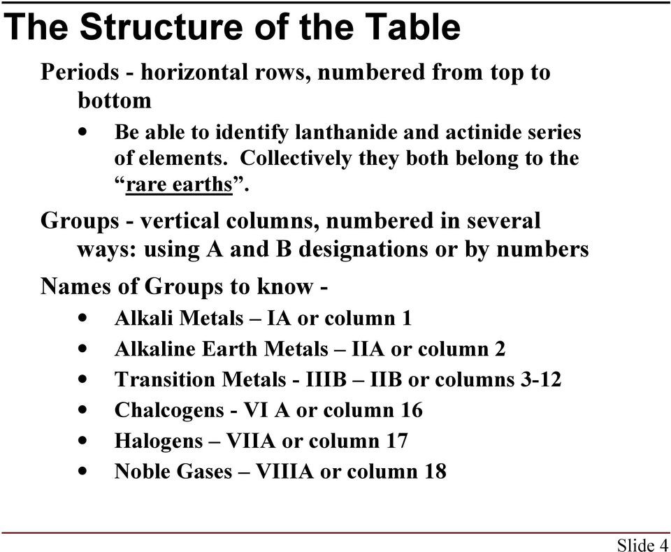 Groups - vertical columns, numbered in several ways: using A and B designations or by numbers Names of Groups to know - Alkali