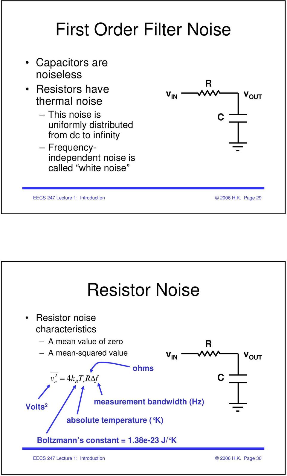 Page 29 Resistor Noise Resistor noise characteristics A mean value of zero A mean-squared value v IN R v OUT v 2 n = 4k T RΔf B r