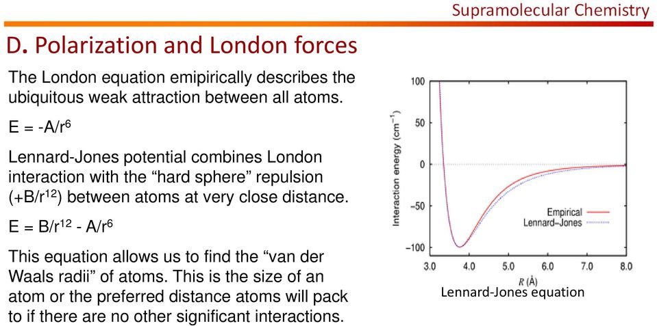 E = -A/r 6 Lennard-Jones potential combines London interaction with the hard sphere repulsion (+B/r 12 ) between atoms at
