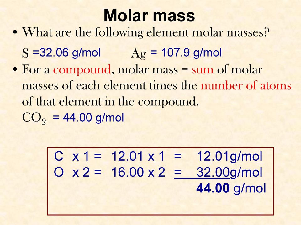 9 g/mol For a compound, molar mass = sum of molar masses of each element