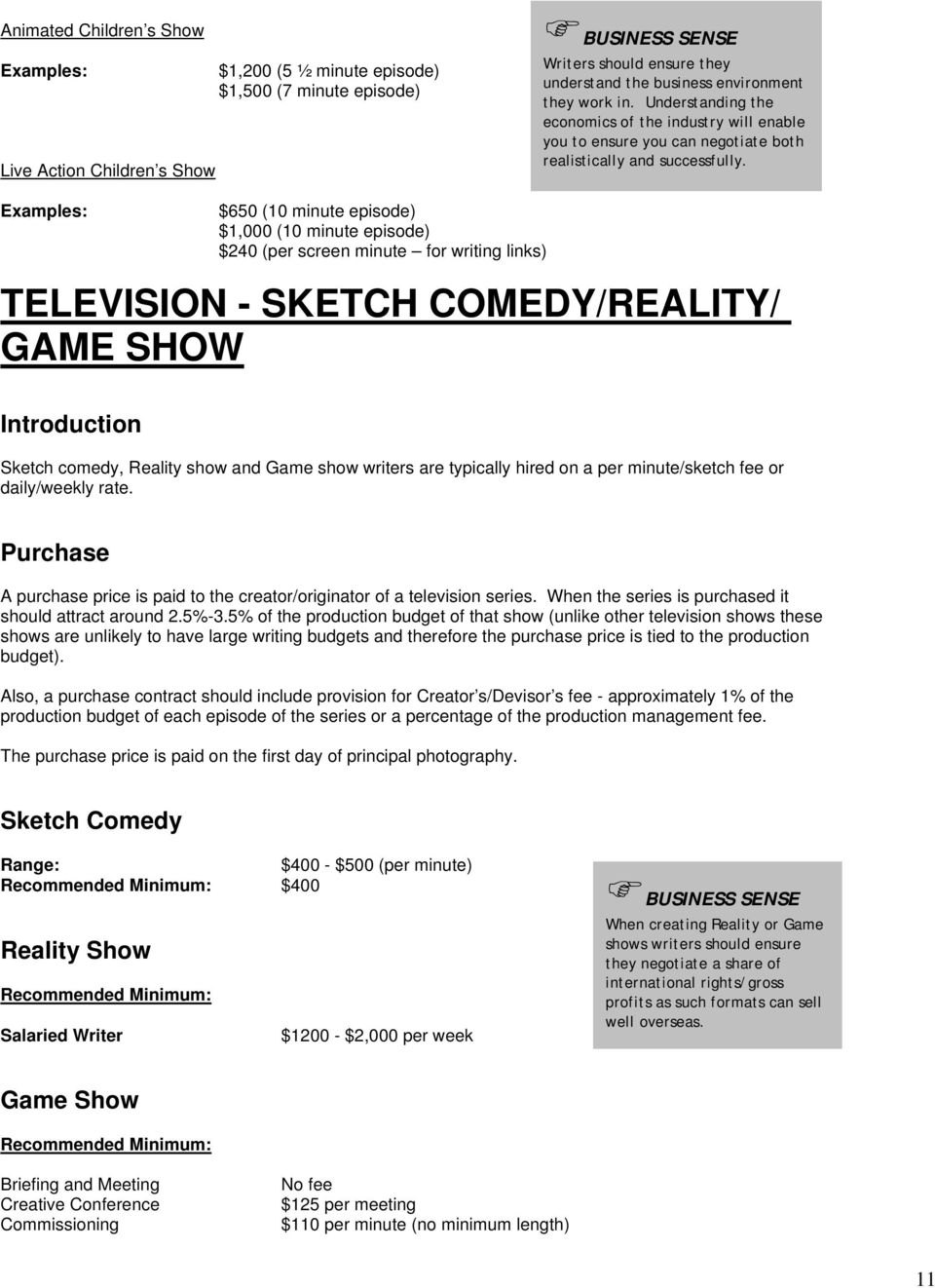 Examples: $650 (10 minute episode) $1,000 (10 minute episode) $240 (per screen minute for writing links) TELEVISION - SKETCH COMEDY/REALITY/ GAME SHOW Introduction Sketch comedy, Reality show and