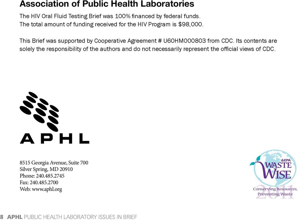 This Brief was supported by Cooperative Agreement # U60HM000803 from CDC.