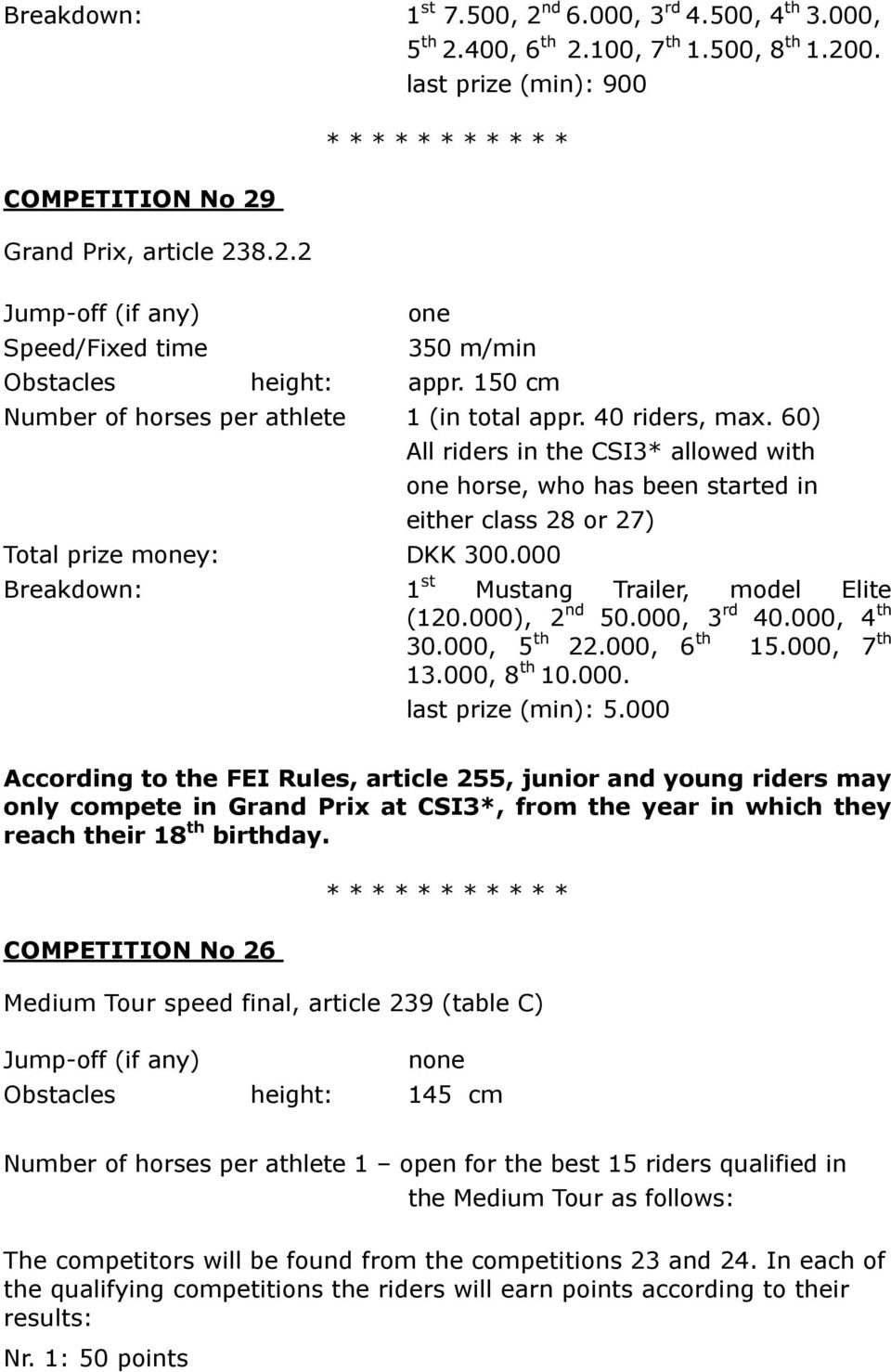 60) All riders in the CSI3* allowed with one horse, who has been started in either class 28 or 27) Total prize money: DKK 300.000 Breakdown: 1 st Mustang Trailer, model Elite (120.000), 2 nd 50.