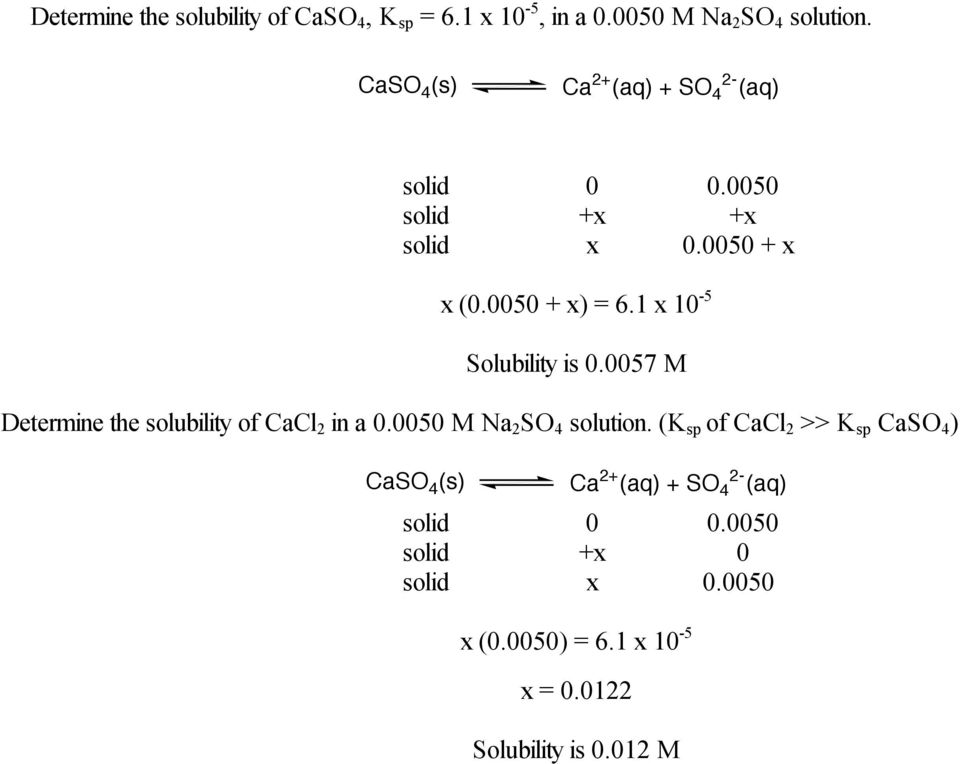 1 x 10-5 Solubility is 0.0057 M Determine the solubility of CaCl 2 in a 0.0050 M Na 2 SO 4 solution.