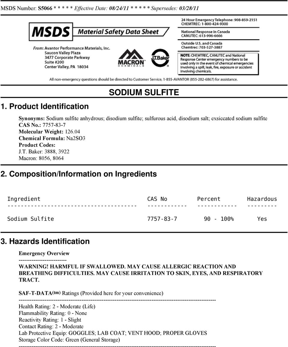 04 Chemical Formula: Na2SO3 Product Codes: J.T. Baker: 3888, 3922 Macron: 8056, 8064 2.