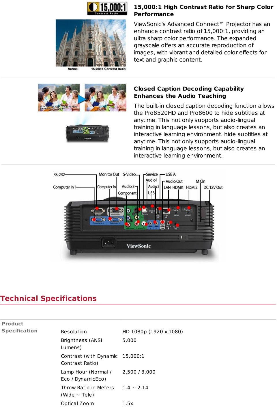 Closed Caption Decoding Capability Enhances the Audio Teaching The built-in closed caption decoding function allows the Pro8520HD and Pro8600 to hide subtitles at anytime.