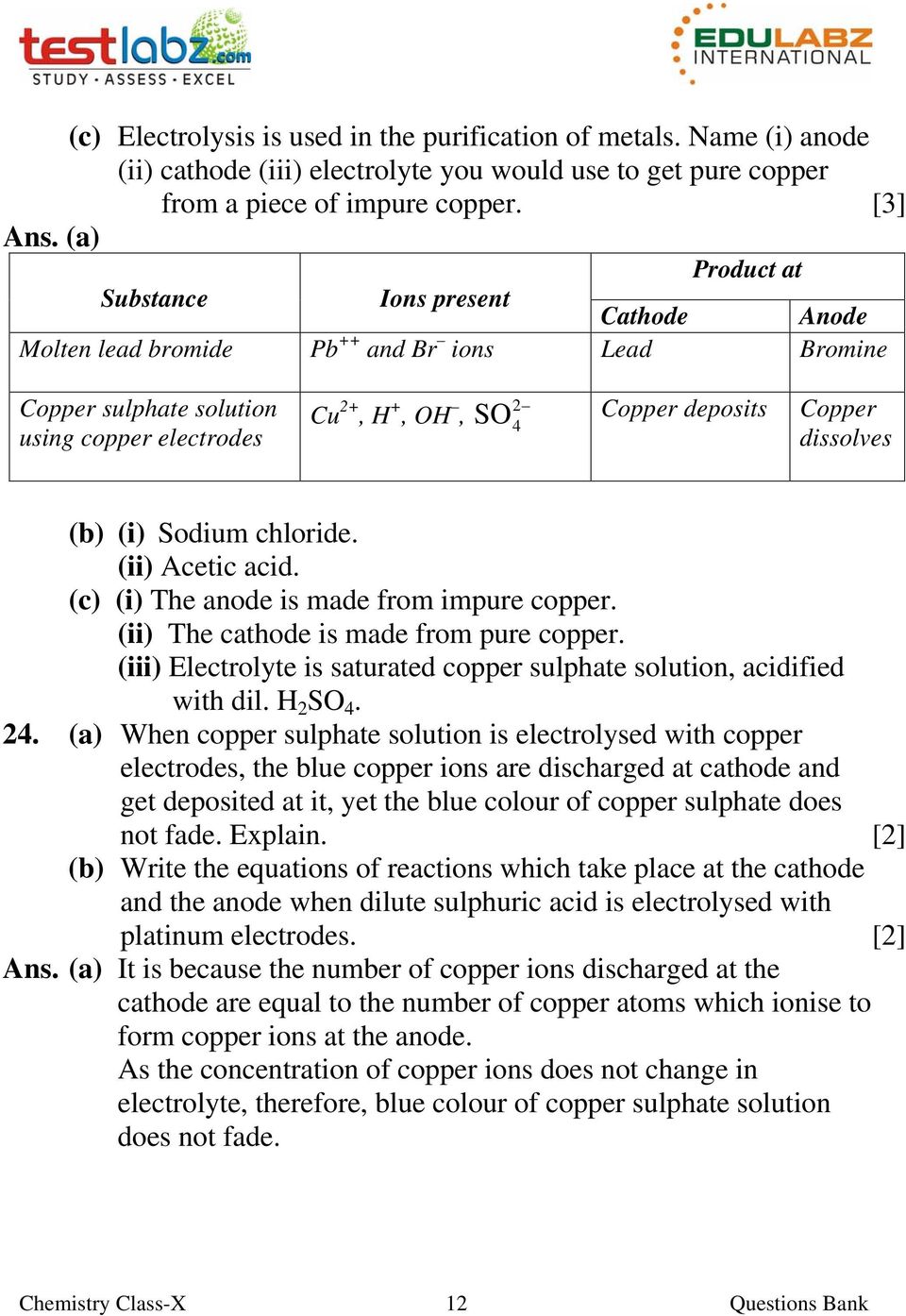 dissolves (b) (i) Sodium chloride. (ii) Acetic acid. (c) (i) The anode is made from impure copper. (ii) The cathode is made from pure copper.