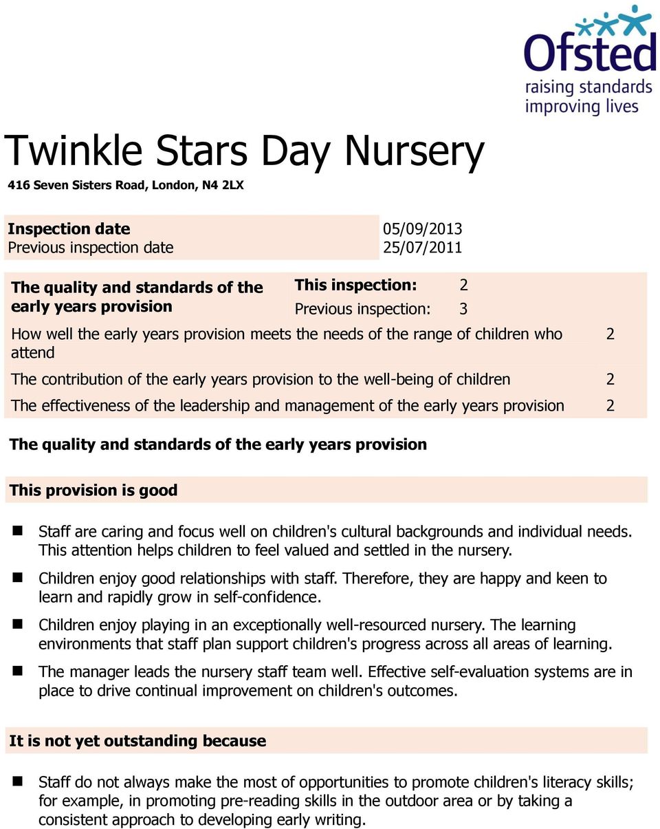 effectiveness of the leadership and management of the early years provision 2 The quality and standards of the early years provision 2 This provision is good Staff are caring and focus well on