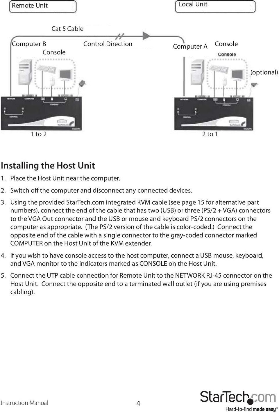com integrated KVM cable (see page 15 for alternative part numbers), connect the end of the cable that has two (USB) or three (PS/2 + VGA) connectors to the VGA Out connector and the USB or mouse and