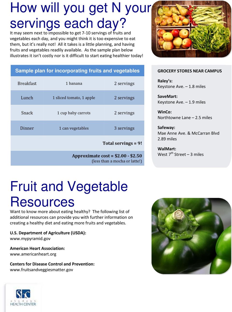 All it takes is a little planning, and having fruits and vegetables readily available. As the sample plan below illustrates it isn t costly nor is it difficult to start eating healthier today!