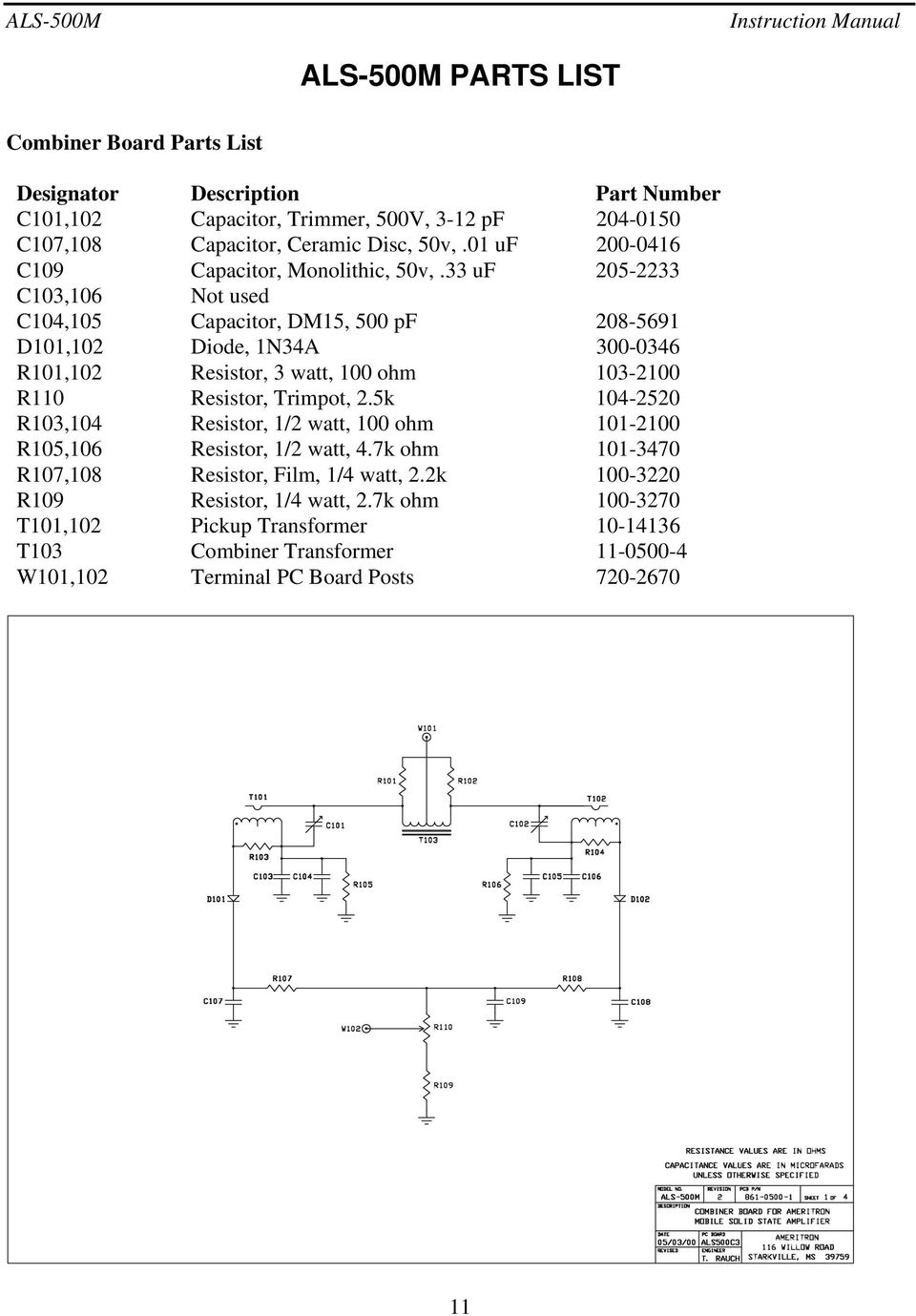 33 uf 205-2233 C103,106 Not used C104,105 Capacitor, DM15, 500 pf 208-5691 D101,102 Diode, 1N34A 300-0346 R101,102 Resistor, 3 watt, 100 ohm 103-2100 R110 Resistor, Trimpot, 2.