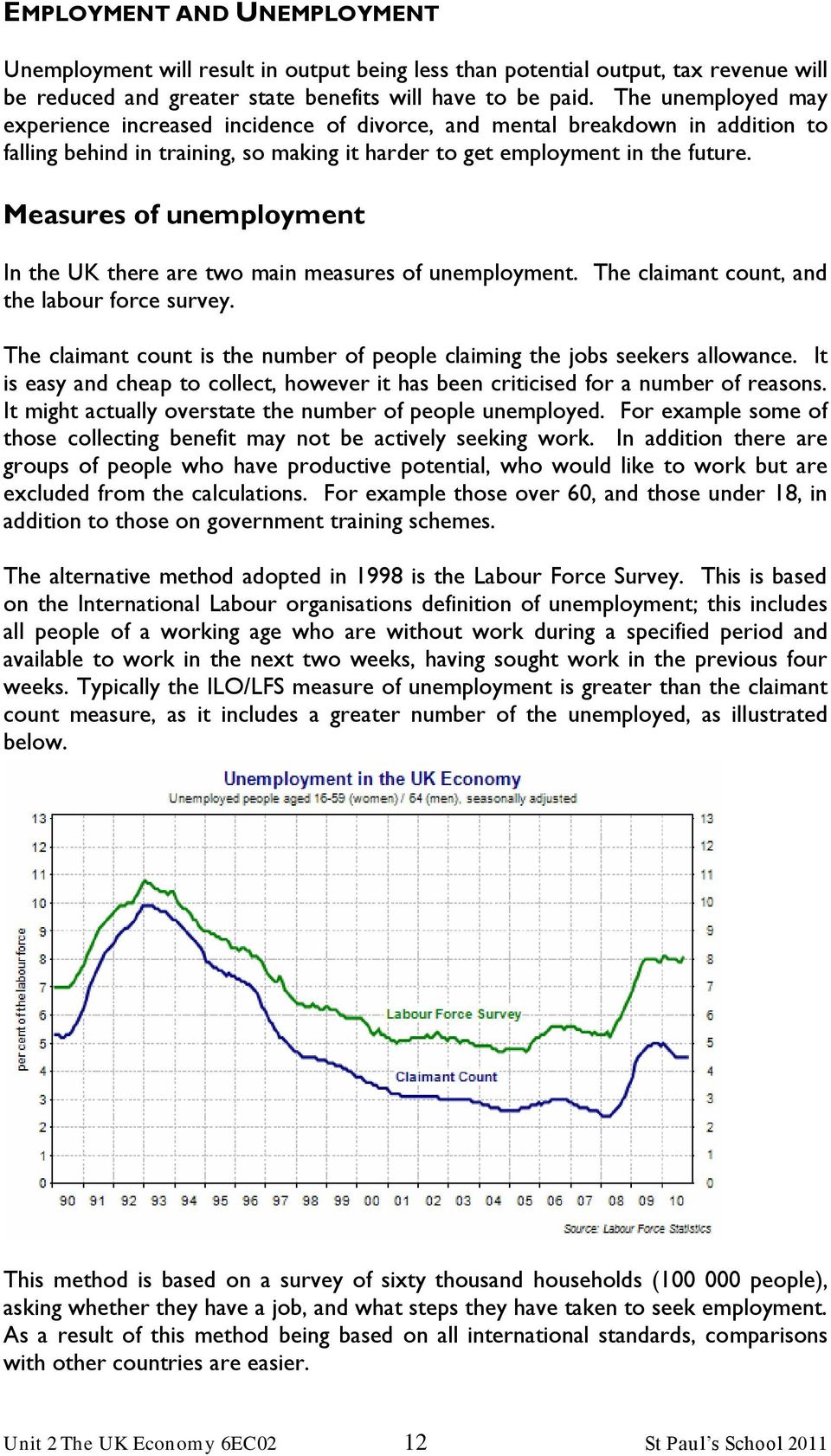 Measures of unemployment In the UK there are two main measures of unemployment. The claimant count, and the labour force survey.