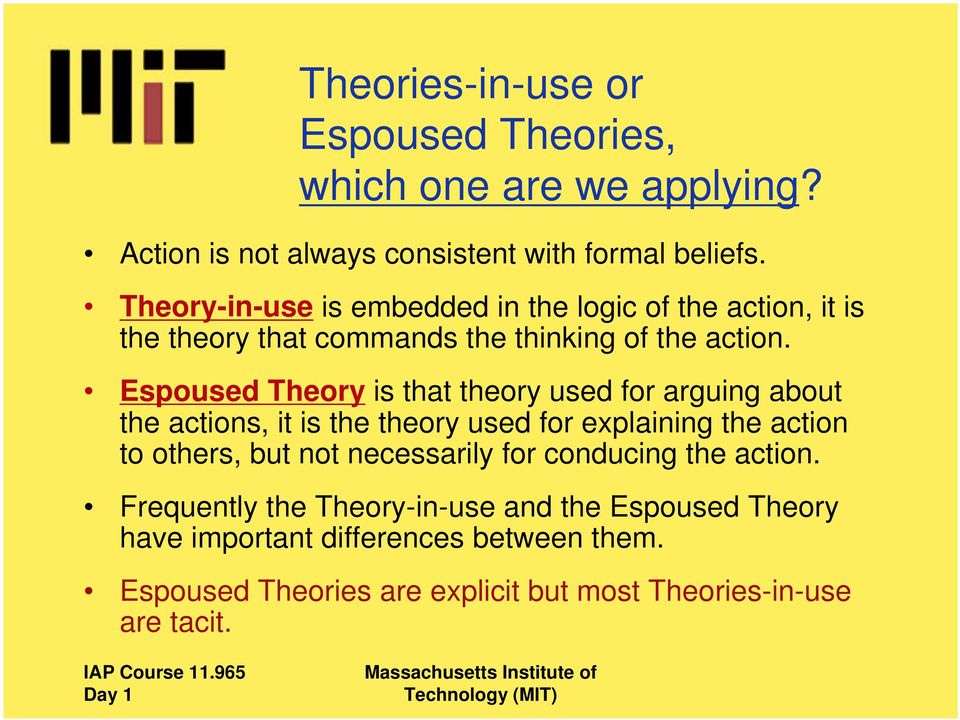 Espoused Theory is that theory used for arguing about the actions, it is the theory used for explaining the action to others, but not