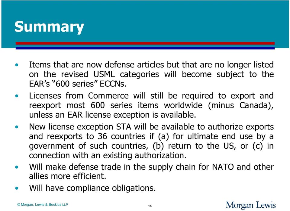 New license exception STA will be available to authorize exports and reexports to 36 countries if (a) for ultimate end use by a government of such countries, (b) return