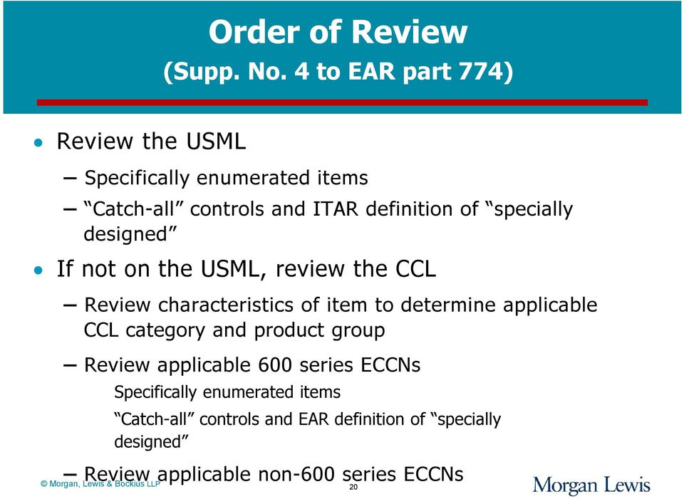 specially designed If not on the USML, review the CCL Review characteristics of item to determine applicable