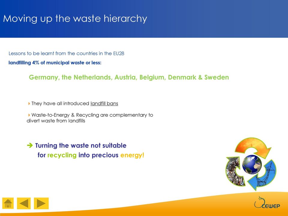 Denmark & Sweden They have all introduced landfill bans Waste-to-Energy & Recycling are