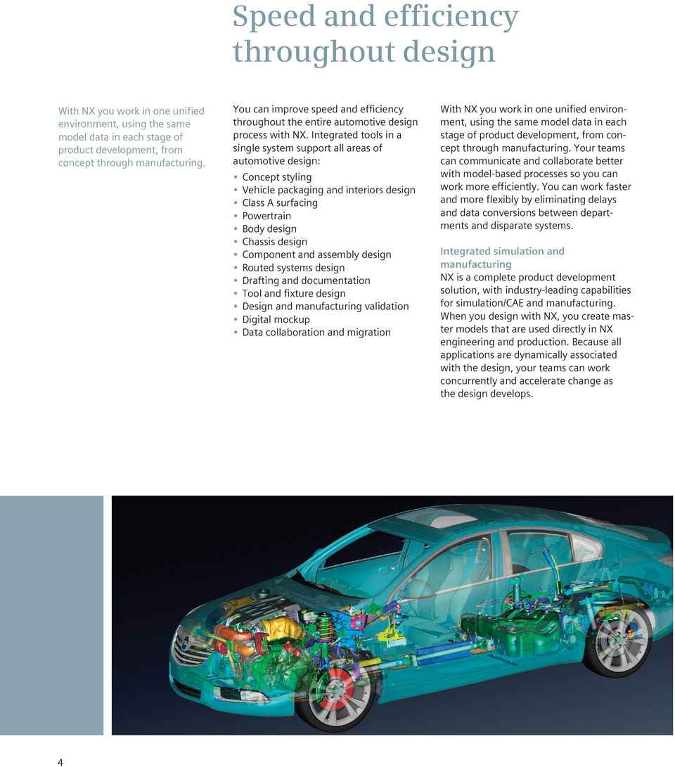 Integrated tools in a single system support all areas of automotive design: Concept styling Vehicle packaging and interiors design Class A surfacing Powertrain Body design Chassis design Component