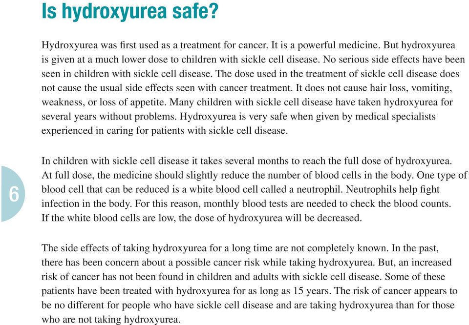 It does not cause hair loss, vomiting, weakness, or loss of appetite. Many children with sickle cell disease have taken hydroxyurea for several years without problems.