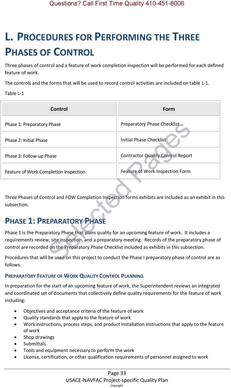 Table L-1 Control Phase 1: Preparatory Phase Phase 2: Initial Phase Phase 3: Follow-up Phase Feature of Work Completion Inspection Form Preparatory Phase Checklist Initial Phase Checklist Contractor