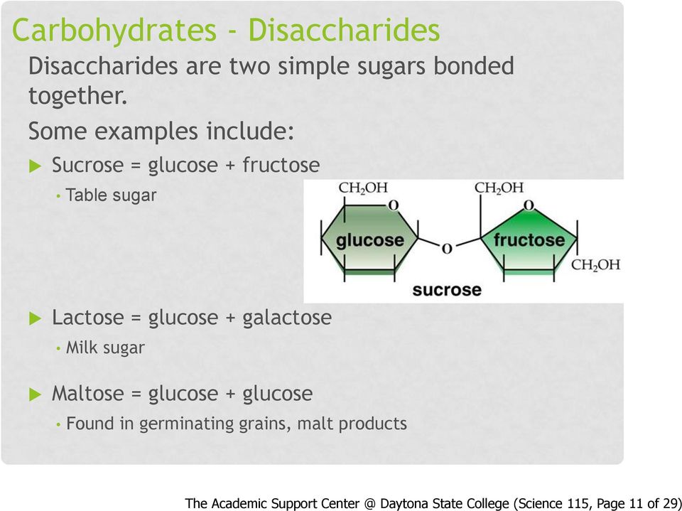 galactose Milk sugar Maltose = glucose + glucose Found in germinating grains, malt