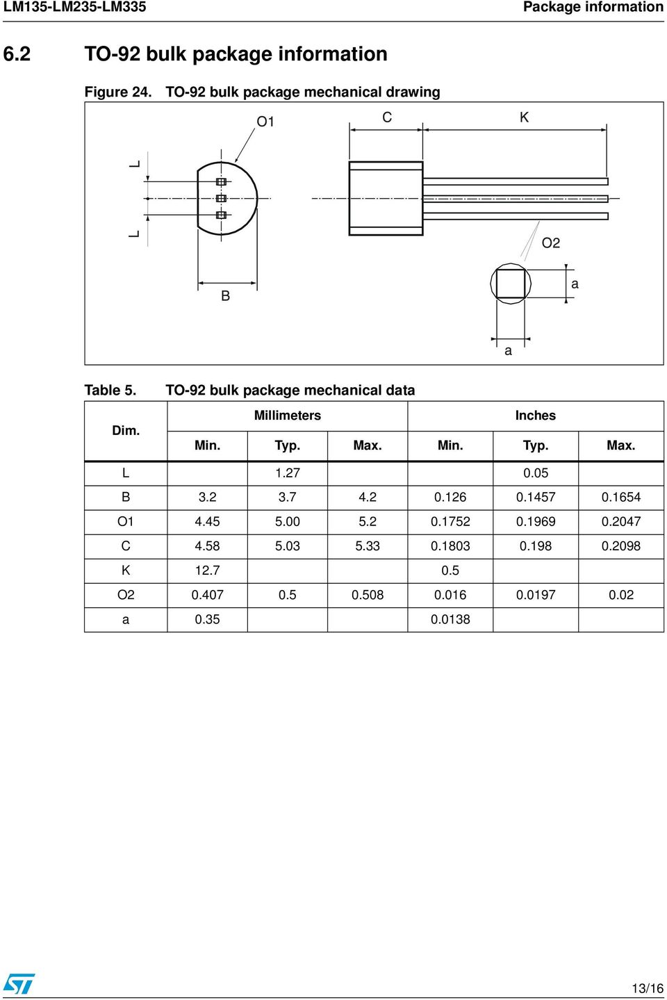 TO-92 bulk package mechanical data Millimeters Inches Min. Typ. Max. Min. Typ. Max. L 1.27 0.