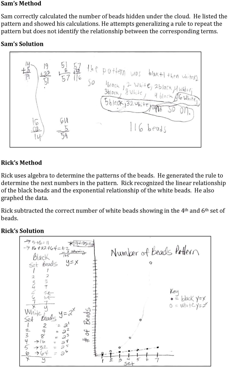 Sam s Solution Rick s Method Rick uses algebra to determine the patterns of the beads. He generated the rule to determine the next numbers in the pattern.