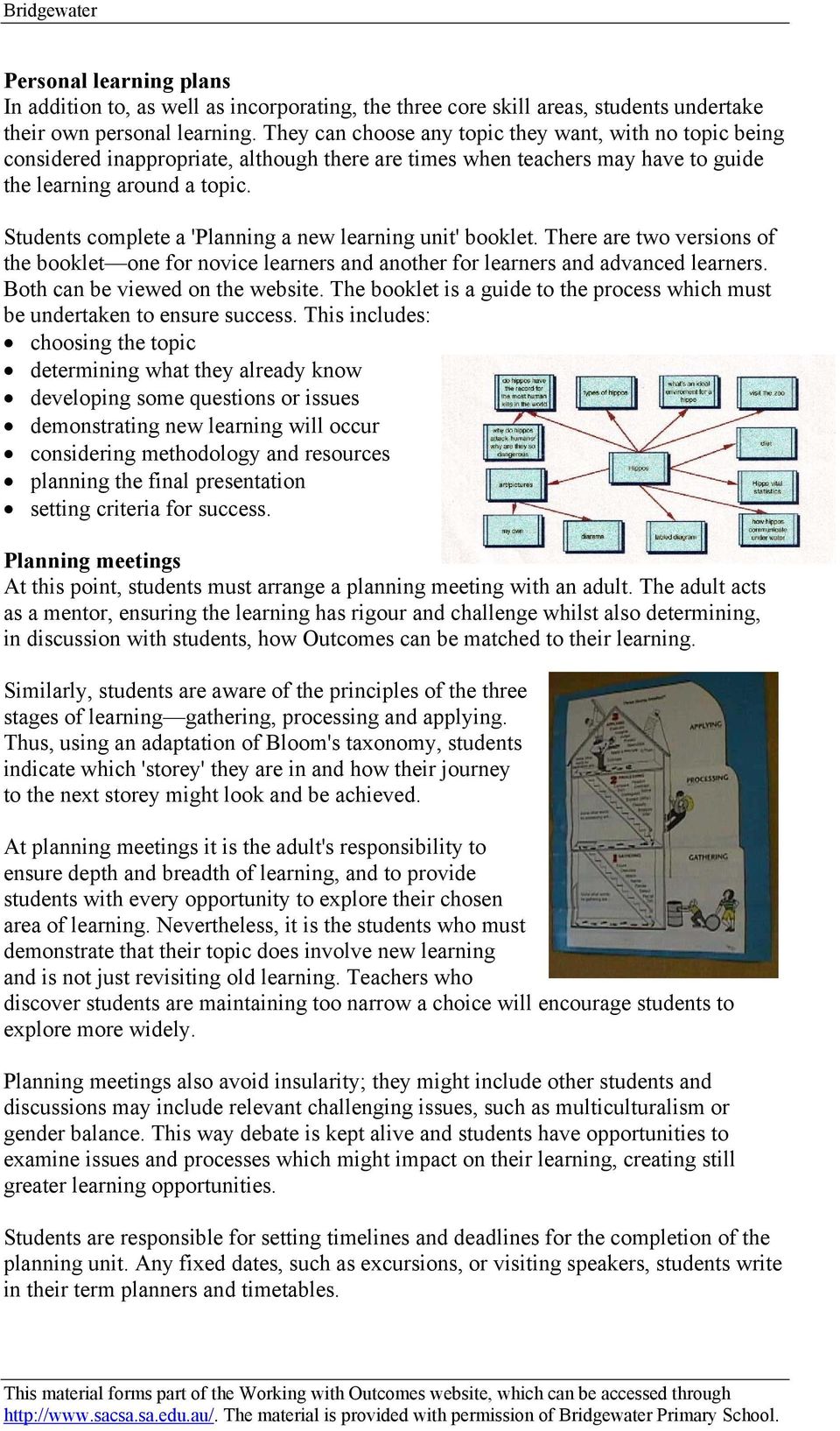 Students complete a 'Planning a new learning unit' booklet. There are two versions of the booklet one for novice learners and another for learners and advanced learners.