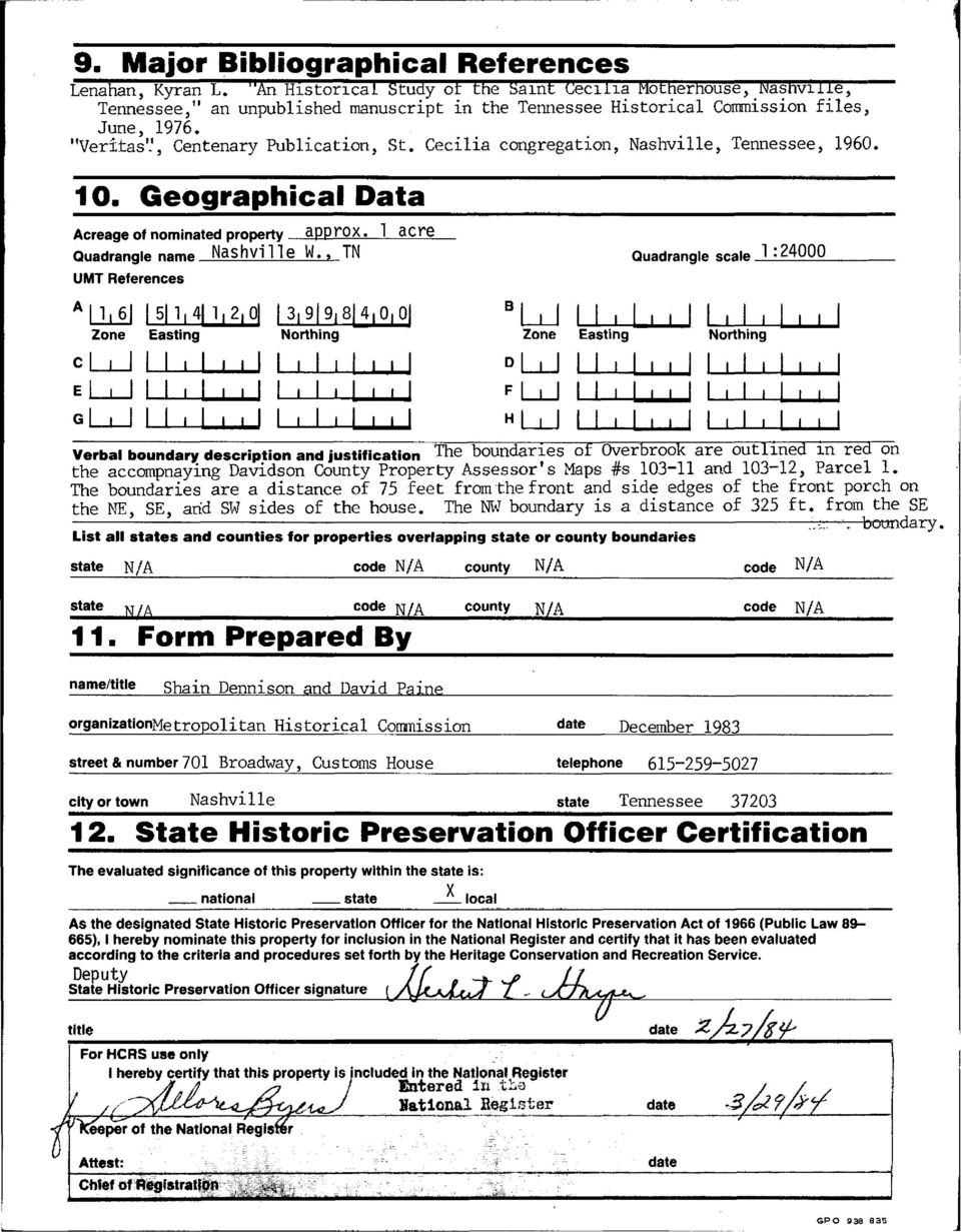 Cecilia congregation, Nashville, Tennessee, 1960, 10. Geographical Data Acreage of nominated property approx. I acre OuaHrangl* nam» Nashville W., TN O.