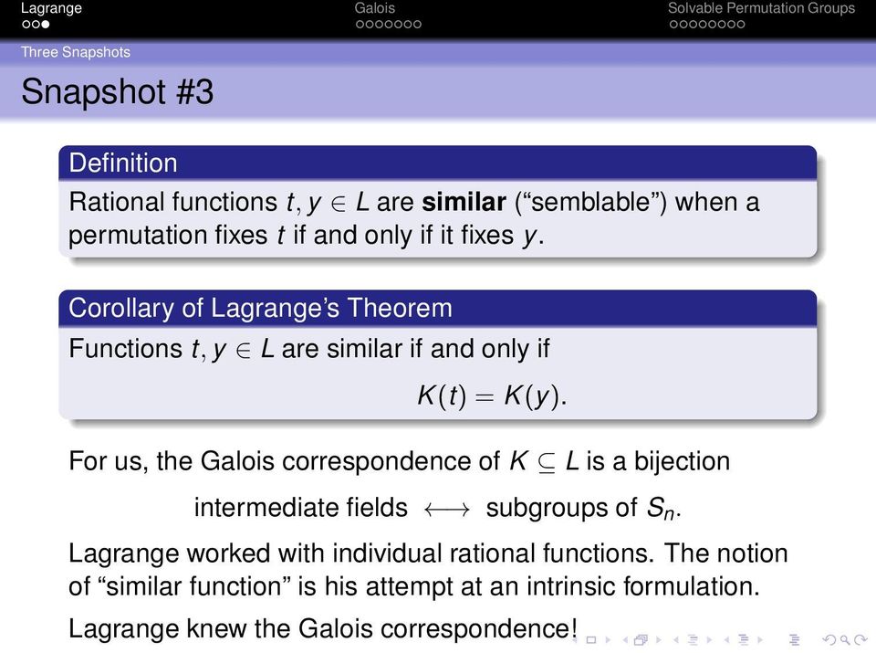 For us, the Galois correspondence of K L is a bijection intermediate fields subgroups of S n.