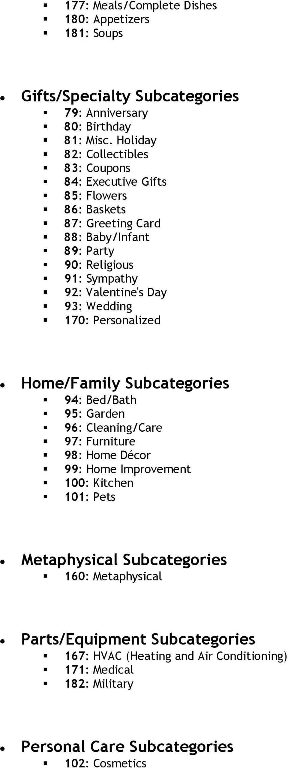 Valentine's Day 93: Wedding 170: Personalized Home/Family Subcategories 94: Bed/Bath 95: Garden 96: Cleaning/Care 97: Furniture 98: Home Décor 99: Home