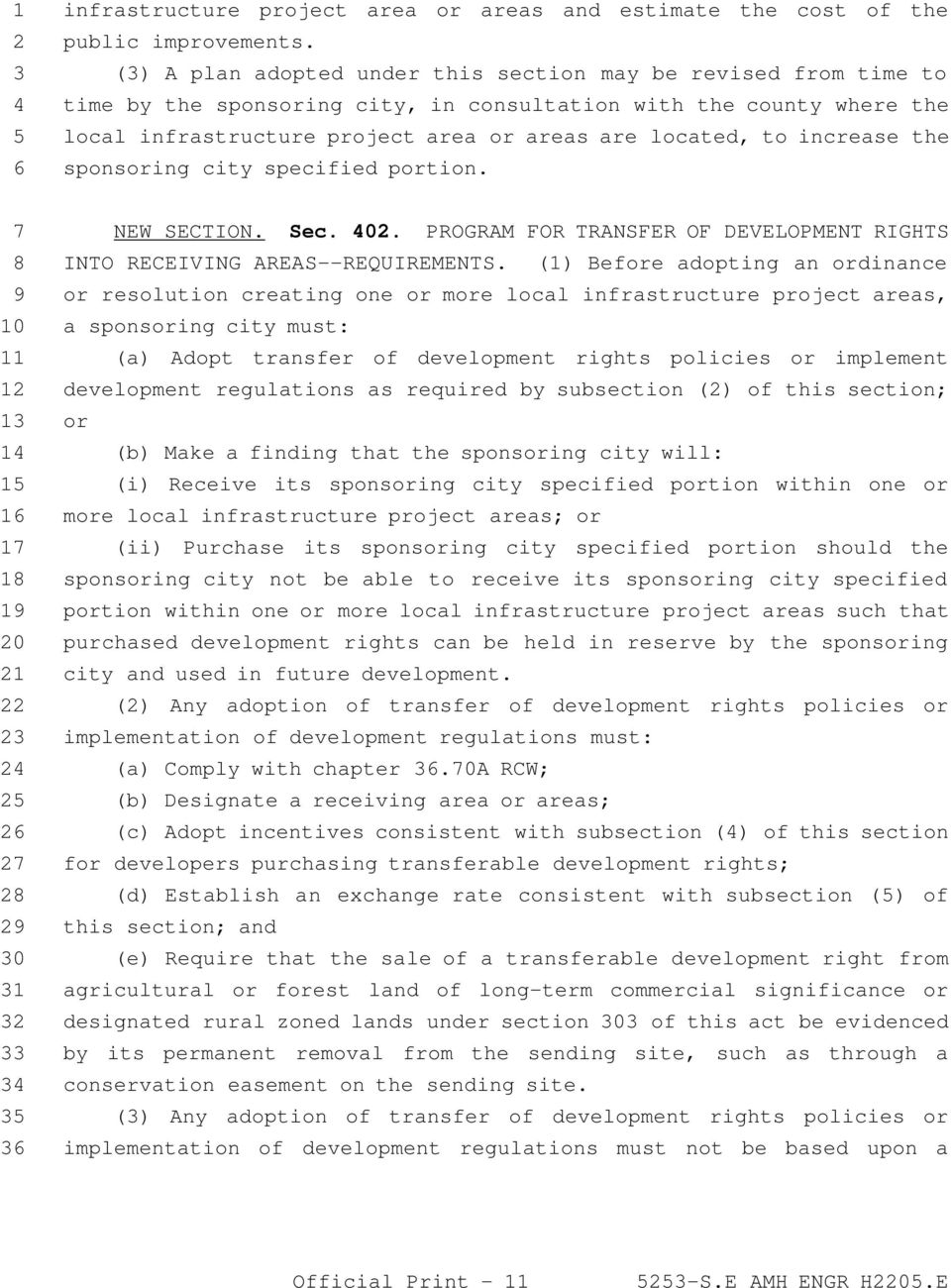 to increase the 6 sponsoring city specified portion. 7 NEW SECTION. Sec. 402. PROGRAM FOR TRANSFER OF DEVELOPMENT RIGHTS 8 INTO RECEIVING AREAS--REQUIREMENTS.