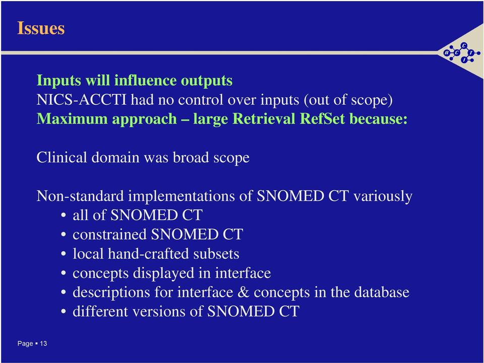 of SNOMED CT variously all of SNOMED CT constrained SNOMED CT local hand-crafted subsets concepts