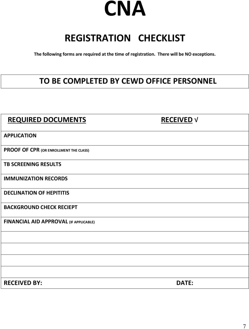 TO BE COMPLETED BY CEWD OFFICE PERSONNEL REQUIRED DOCUMENTS RECEIVED APPLICATION PROOF OF CPR (OR