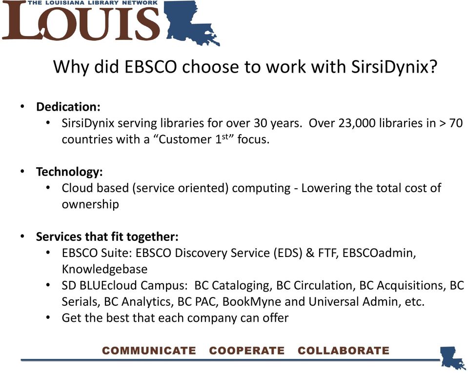 Technology: Cloud based (service oriented) computing - Lowering the total cost of ownership Services that fit together: EBSCO Suite: