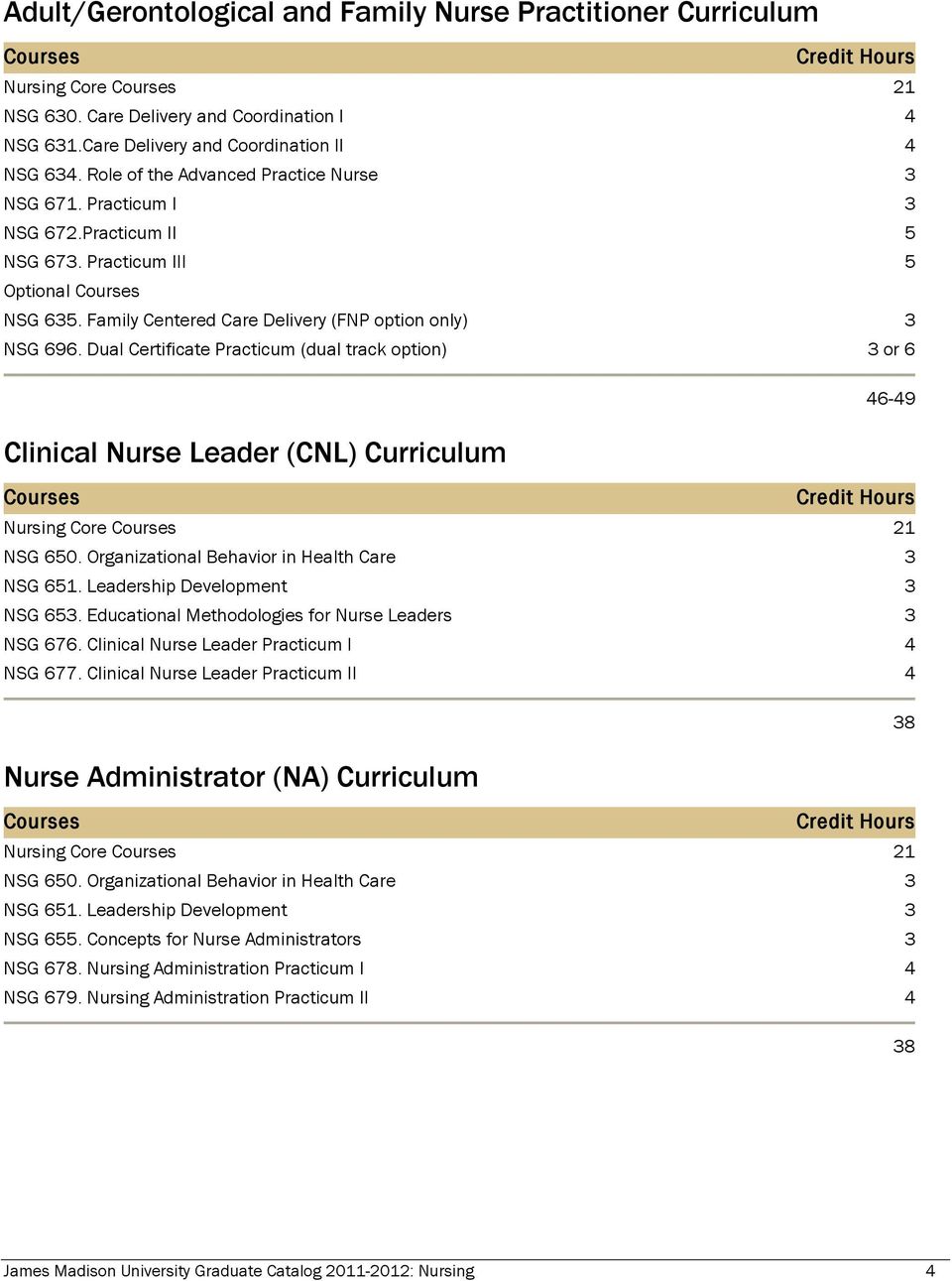 Dual Certificate Practicum (dual track option) 3 or 6 46-49 Clinical Nurse Leader (CNL) Curriculum Courses Nursing Core Courses 21 NSG 650. Organizational Behavior in Health Care 3 NSG 651.
