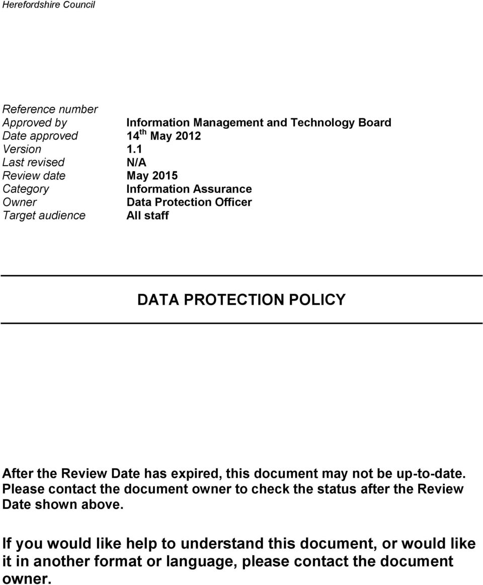 PROTECTION POLICY After the Review Date has expired, this document may not be up-to-date.