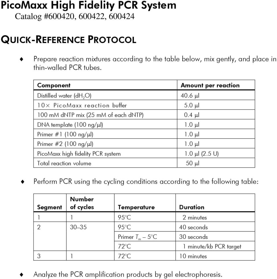 4 μl DNA template (100 ng/μl) Primer #1 (100 ng/μl) Primer #2 (100 ng/μl) PicoMaxx high fidelity PCR system (2.