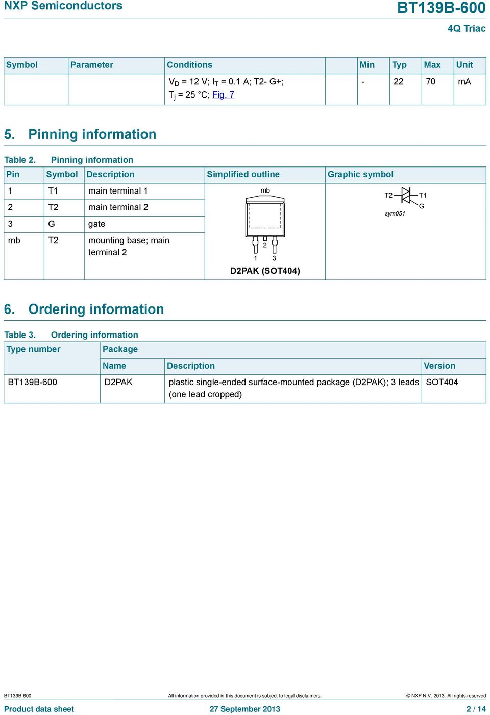 mb 2 1 3 D2PAK (SOT44) T2 sym51 T1 G 6. Ordering information Table 3.